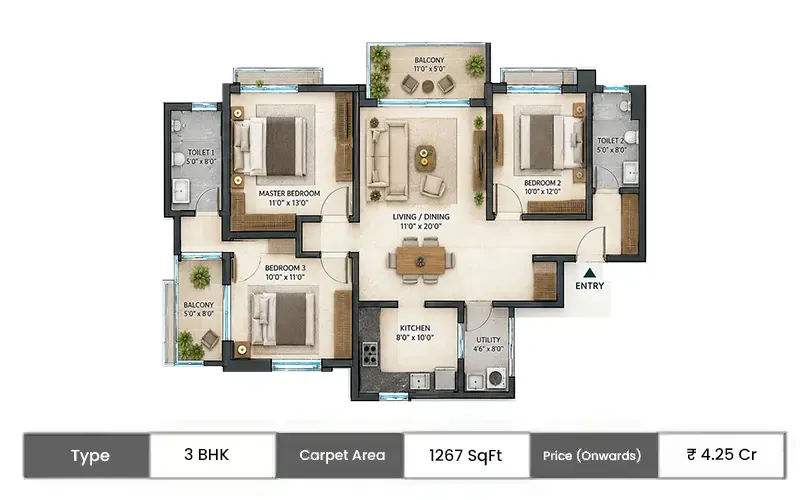Sunteck Altavia 3 BHK floor plan, 1267 sq ft carpet area